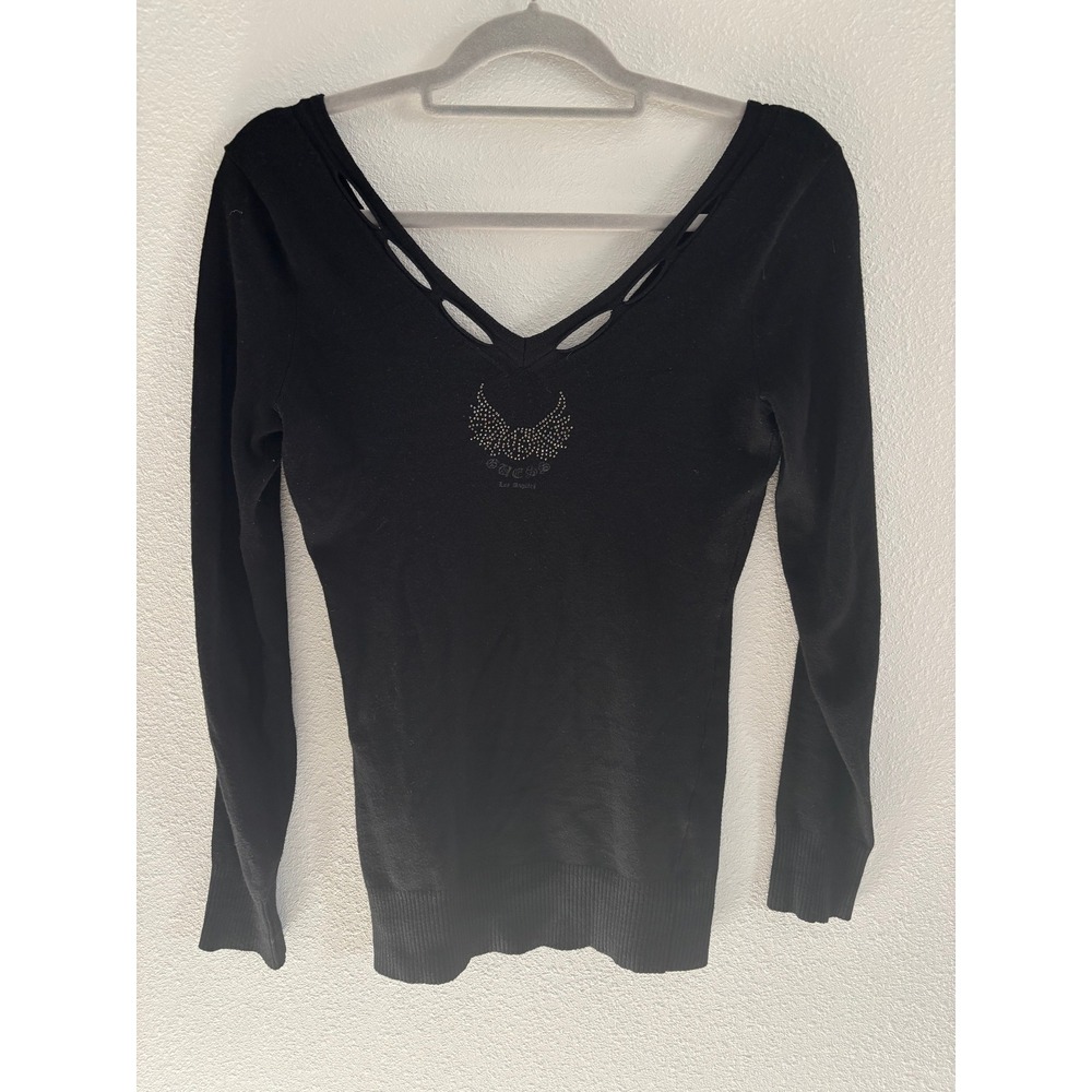 Y2K Guess Long Sleeve Top Womens‎ Medium Black Rhinestone Cutout Angel Wings